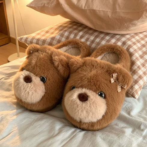 Fuzzy Teddy Bear Face Slippers