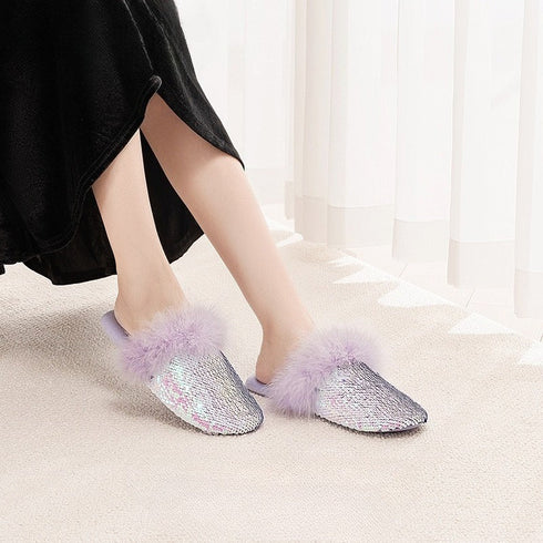 Shimmer Sequin Puff-Trim slippers