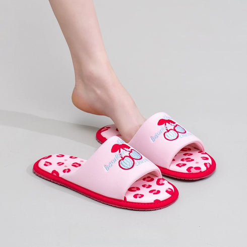 Embroidered Cherry Leopard Print Slides