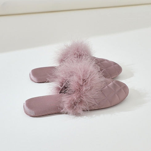 Feather-Pom Quilted Lounge Slippers