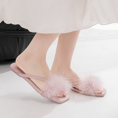 Feather Puff Strap Flip Flops