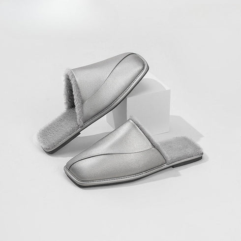 Faux-Fur Trim Dome-Toe Slippers