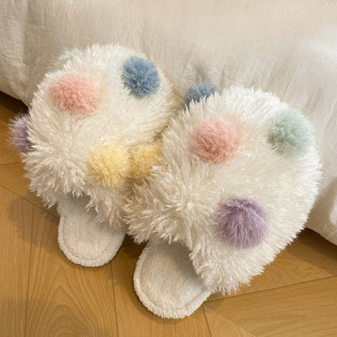 Fuzzy Pom Pom Dot Slippers
