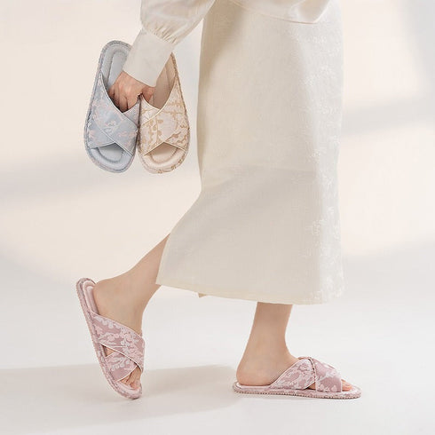 Chic Jacquard Floral Cross Slides