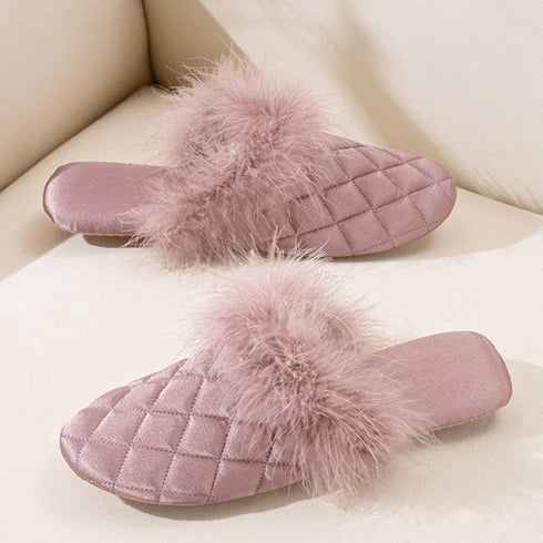Feather-Pom Quilted Lounge Slippers