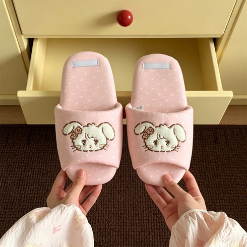 Cartoon Embroidered Polka Dot Slippers