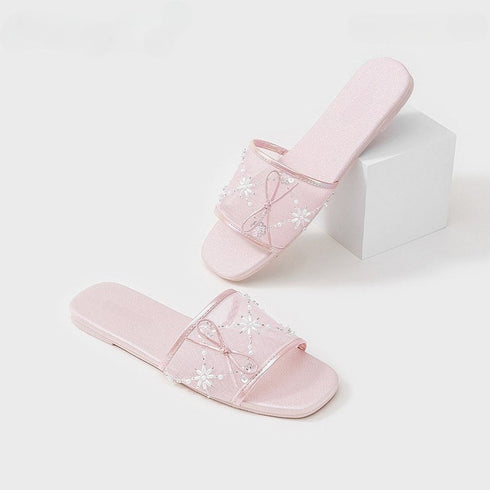 Delicate Mesh Pearl Bow Slides
