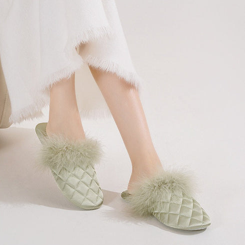 Feather-Pom Quilted Lounge Slippers