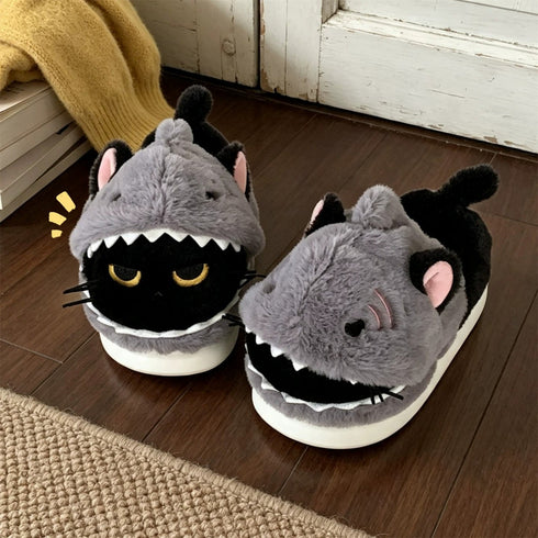 Shark Devouring Cat Plush Slippers