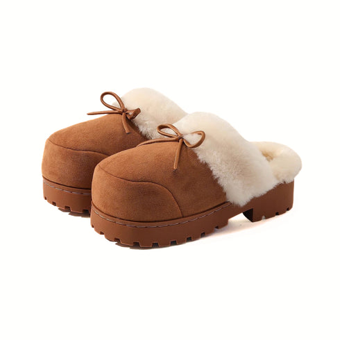 Chunky Bow Platform Furry Slippers