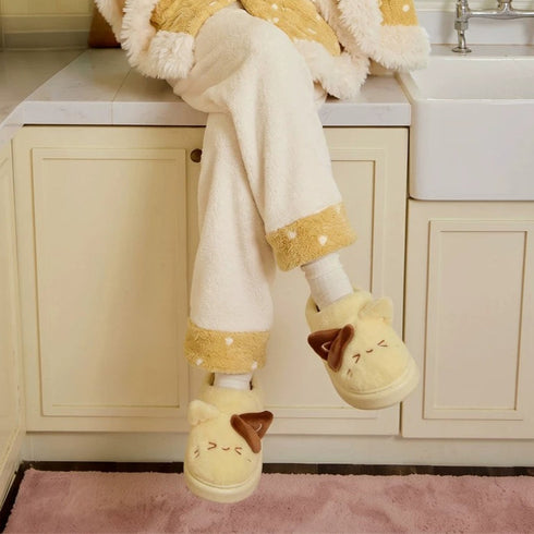 Embroidered Cat Ears Plush Slippers