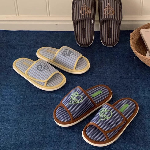 Retro Striped Heart Embroidery Slides