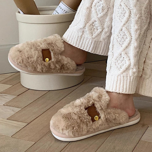 Plush Button-Tab Home Slippers