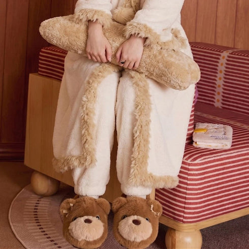 Fuzzy Teddy Bear Face Slippers