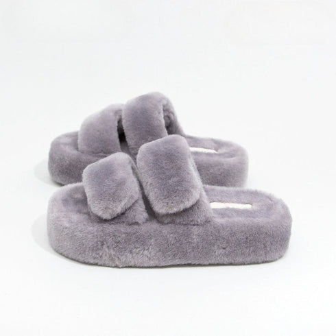 Plush Double-Strap Platform Slippers