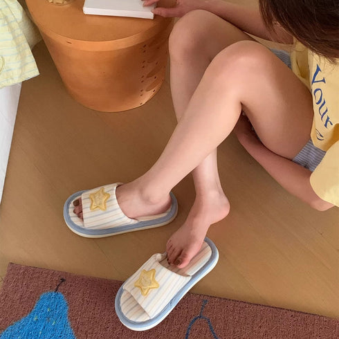 Striped Star Patch Linen Slippers