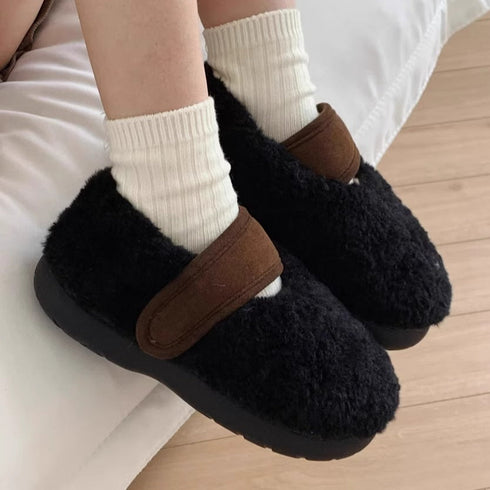 Fuzzy Two-Tone Strap Slippers