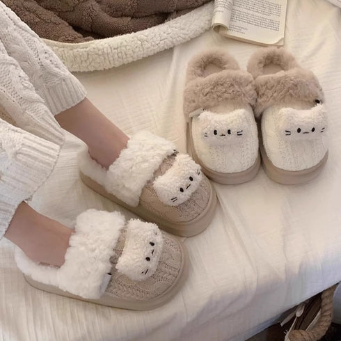 Cable Knit Cat Face Slippers