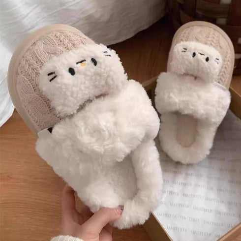 Cable Knit Cat Face Slippers
