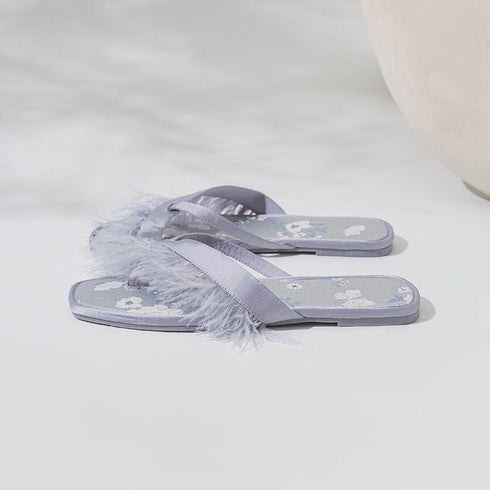 Feather Accent Satin Floral Flip Flops