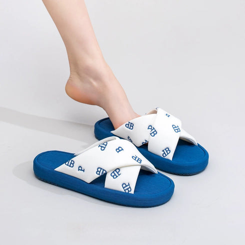 Embroidered Criss Cross Platform Slides