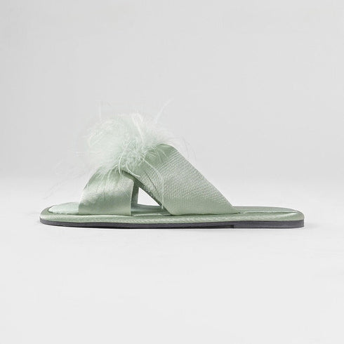 Elegant Feather Satin Flat Slides