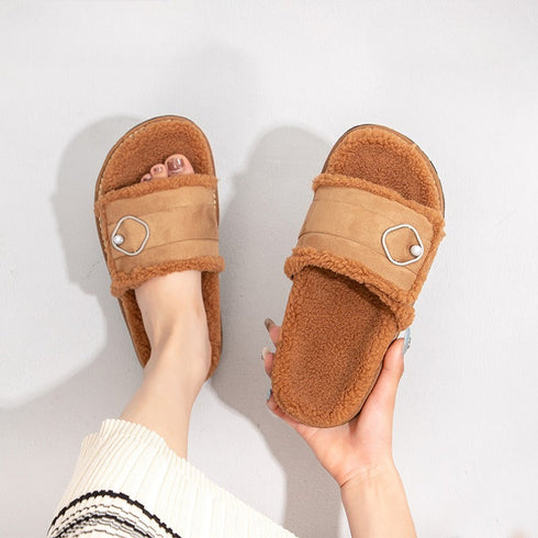 Pearl Buckle Fuzzy Warm Slides