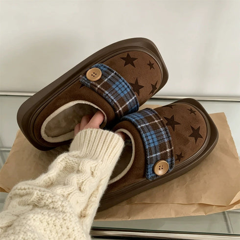 Retro Star Plaid Platform Slippers