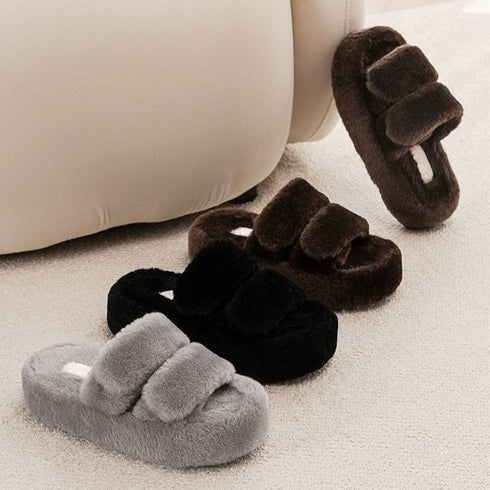 Plush Double-Strap Platform Slippers