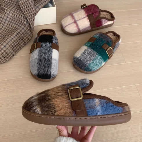 Fuzzy Plaid Buckle Clogs