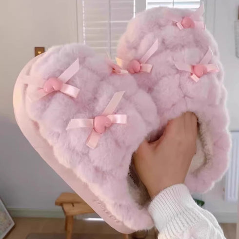 Heart Bow Cloud Plush Slippers