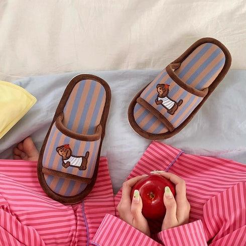 Playful Puppy Striped Cotton Slides