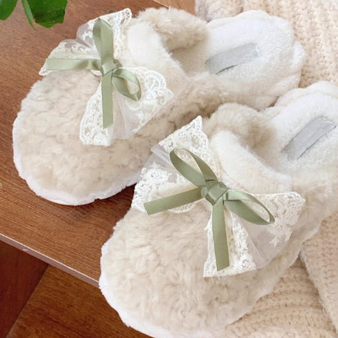 Lace Bow Plush House Slippers