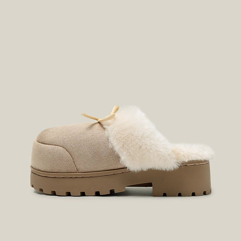 Chunky Bow Platform Furry Slippers