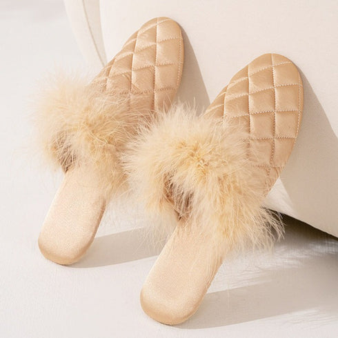 Feather-Pom Quilted Lounge Slippers