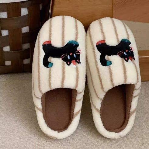Wandering Black Cat Striped Slippers