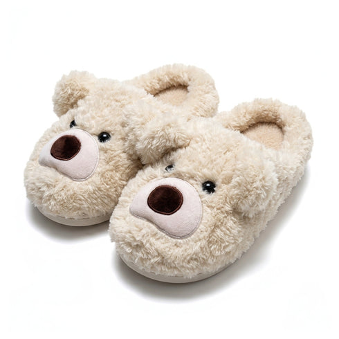 Fuzzy Teddy Bear Face Slippers