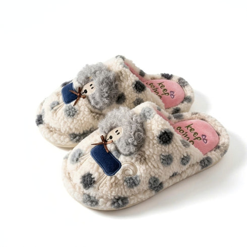 Plush Lamb Polka Dot Slippers
