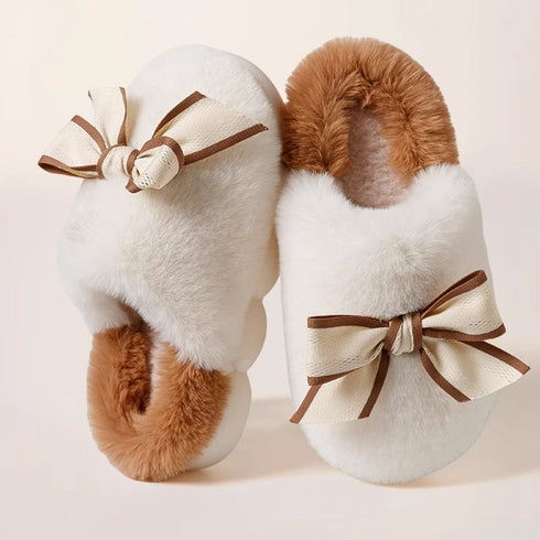Ribbon Bowknot Fuzzy Platform Slippers