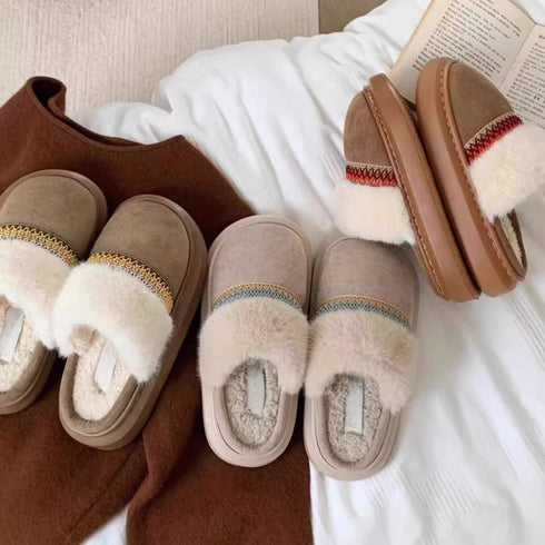 Woven Trim Fuzzy Band Slippers