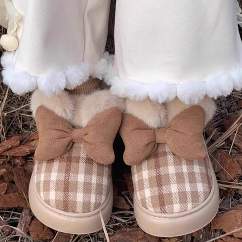 Plaid Bows Cozy Plush Slippers