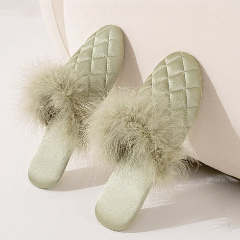 Feather-Pom Quilted Lounge Slippers
