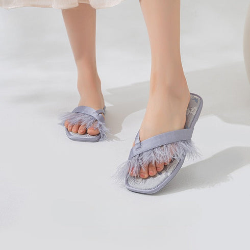 Feather Accent Satin Floral Flip Flops