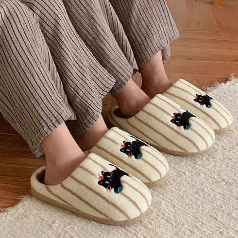 Wandering Black Cat Striped Slippers