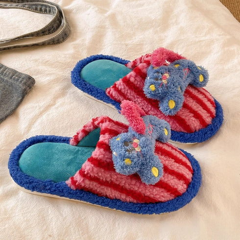 Striped Plush Animal Scuff Slippers