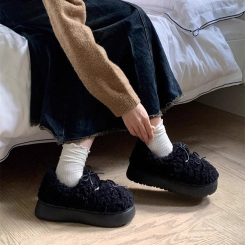 Bow-Tie Plush Platform Slippers