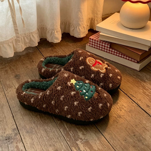 Gingerbread Tree Mismatch Fuzzy Slippers