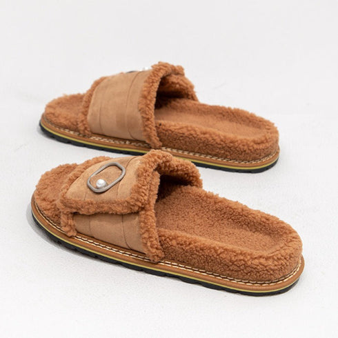 Pearl Buckle Fuzzy Warm Slides