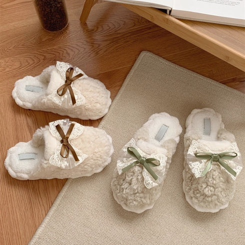 Lace Bow Plush House Slippers