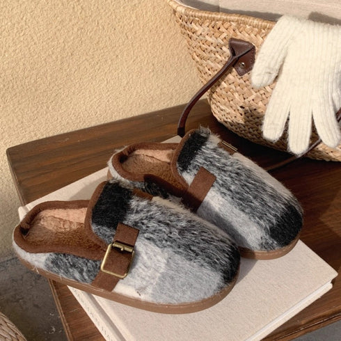 Fuzzy Plaid Buckle Clogs